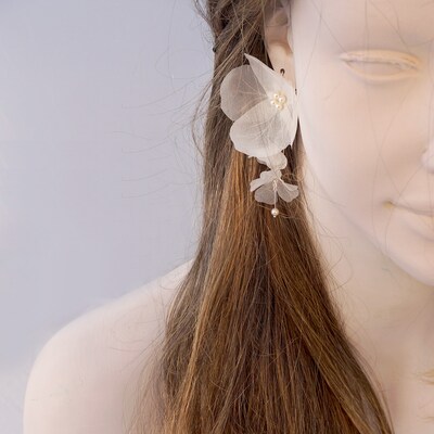 Garden Wedding Earring, Dangle EarringFabric Flower Earrings, Silk Flower Earrings, Silver White Flower Earrings, Pearl Floral Earrings - image3